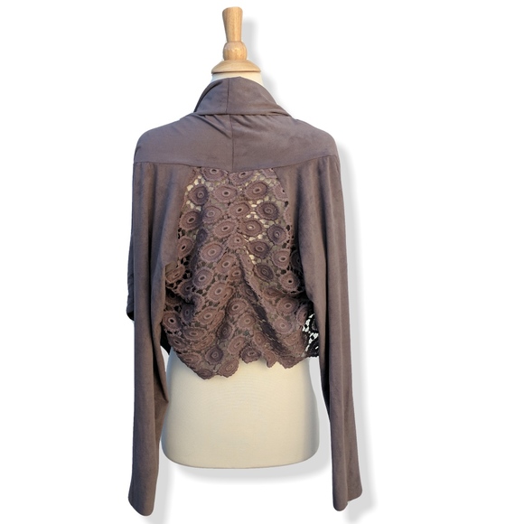 Mocha faux suede cropped jacket with crochet back - Picture 3 of 5